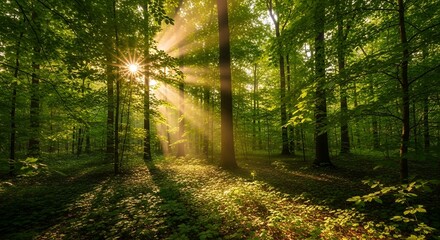 Obraz premium Sunbeams Filtering Through Lush Green Forest Trees