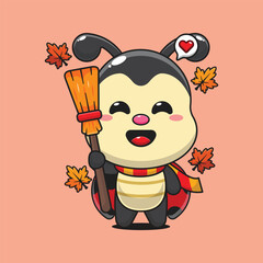 Cute ladybug holding broom in autumn day cartoon vector illustration