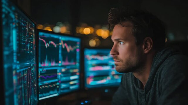 A focused man with short hair and a light beard sits in front of two computer monitors displaying stock market charts
