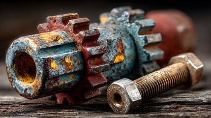 Corroded Rusty Gears and Bolts Lying on Industrial Surface