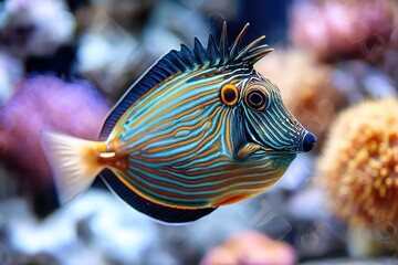 Obraz premium A blue and orange striped fish swimming in an aquarium