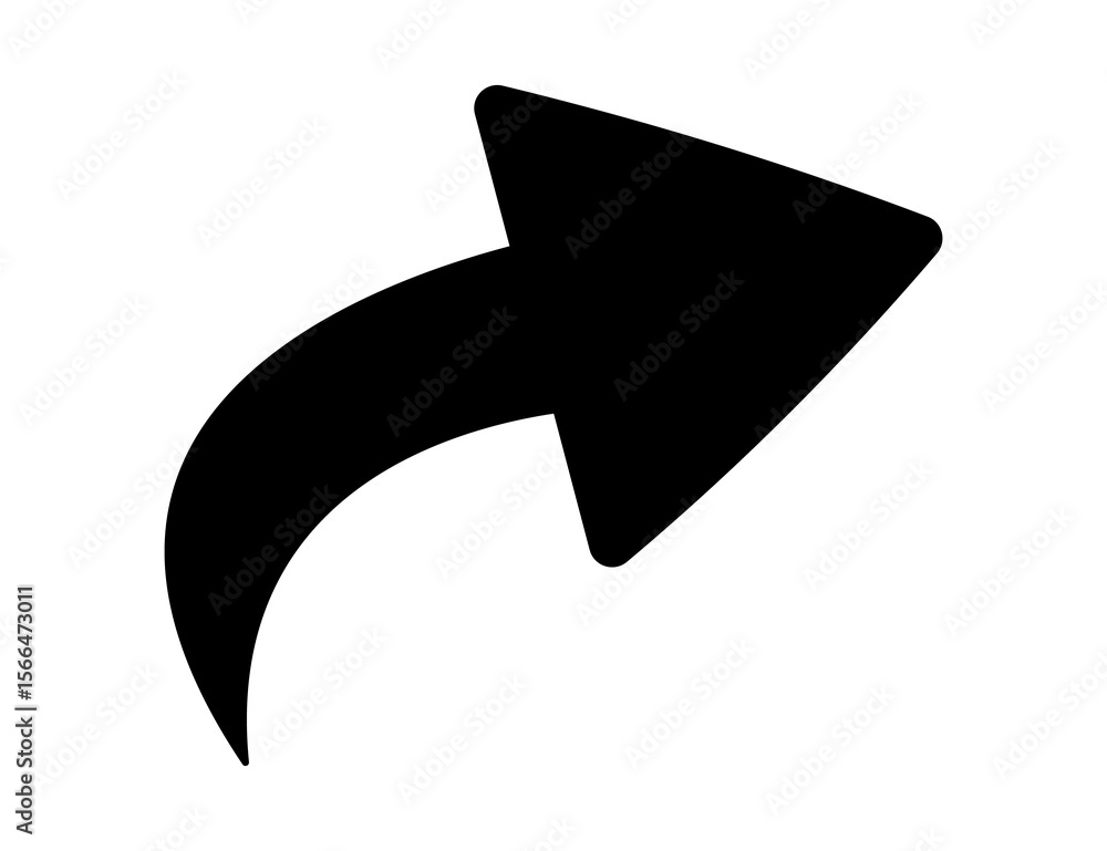 Poster black curved arrow icon pointing to the right, indicating sharing or forwarding, isolated on a trans