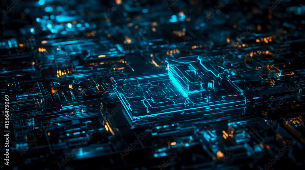 Poster futuristic technology: complex circuit board illuminating with blue and orange lights, symbolizing a