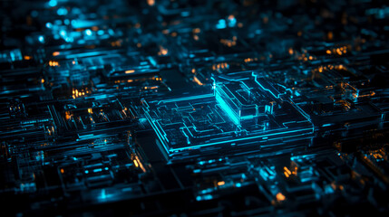 Futuristic Technology: Complex circuit board illuminating with blue and orange lights, symbolizing advanced processing unit, digital connectivity and high tech infrastructure
