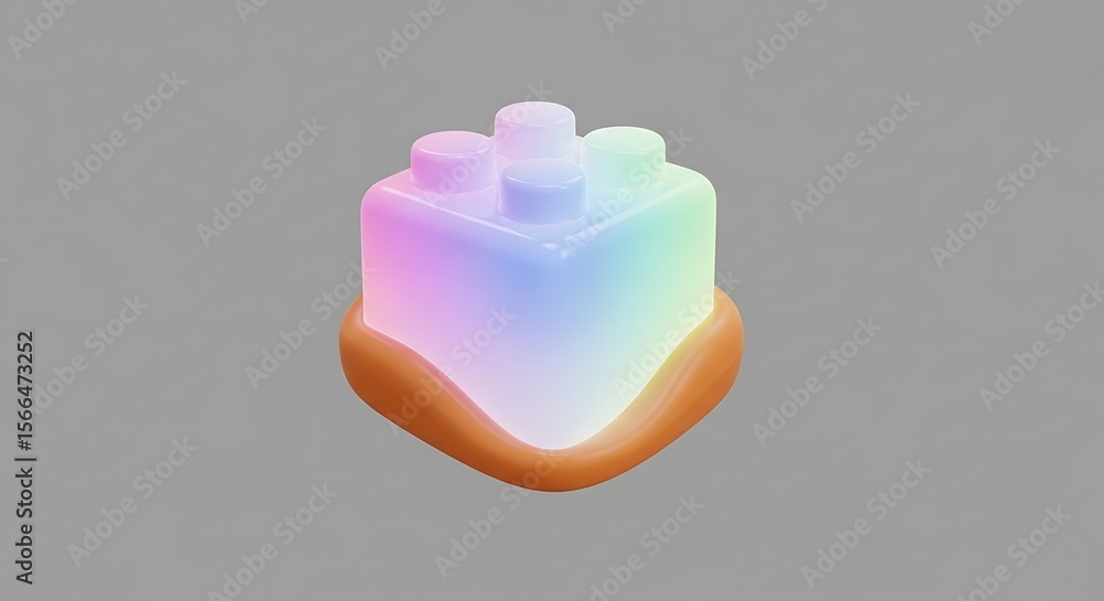 Poster a colorful, three-dimensional rendering of a toy block on a warm, orange base.