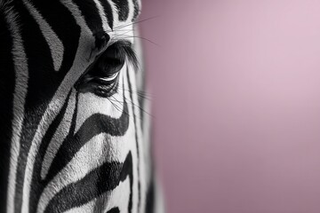  A close up of a zebra's eye with a pink background