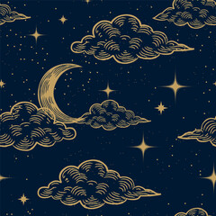 Starry magic night sky seamless pattern background. Bright golden moon, stars, clouds and constellations wallpaper. Space backdrop. Dark Sky with shiny stars. Vector Illustration.