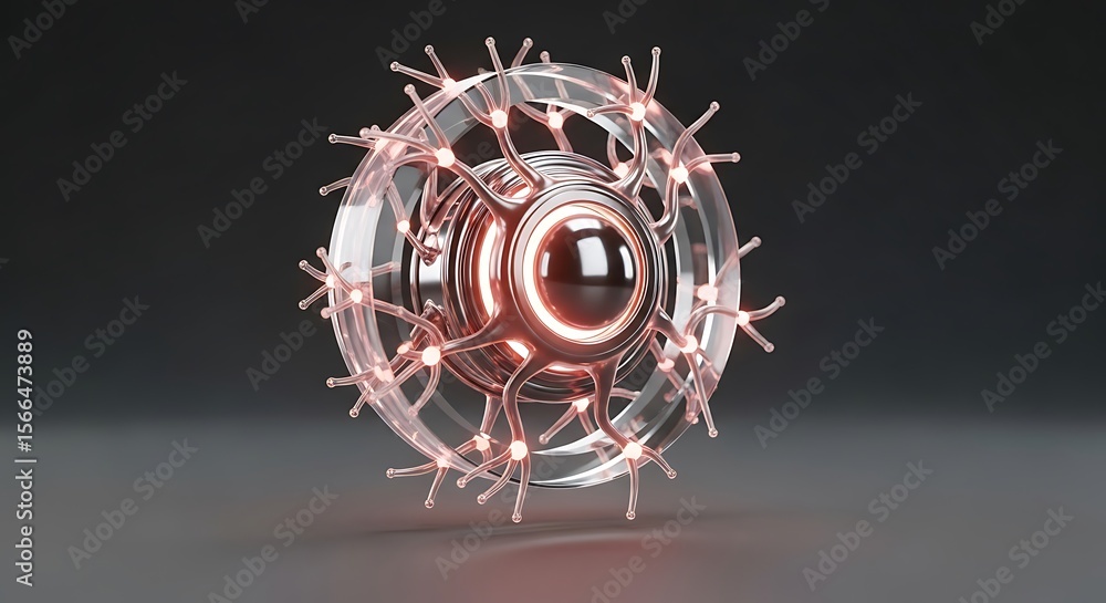 Poster futuristic, glowing, circular device with intricate internal structures, isolated on a dark backgrou