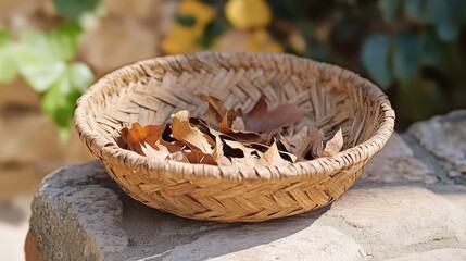 Natural Woven Basket with Dried Leaves on Rustic Stone Surface