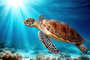 Obraz premium A turtle swimming in the ocean with the sun shining through the water