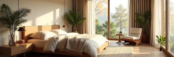 Serene Bedroom Sanctuary Soft Lighting, Calming Colors, and Natural Textures Create a Peaceful Space for Restful Sleep and Mindful Mornings