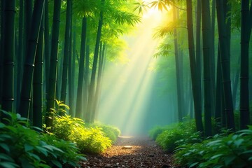 Serene bamboo forest bathed in morning sunlight, mist clinging to the leaves, creating an ethereal atmosphere Perfect for wellness, spa, and nature themes , bamboo, natural