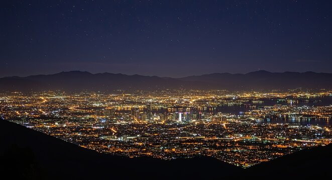 Extensive cityscape lights up the night sky beneath the starry expanse above