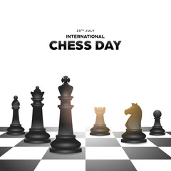 International chess day social media template background, square banner with realistic illustration of chess pieces in chessboard