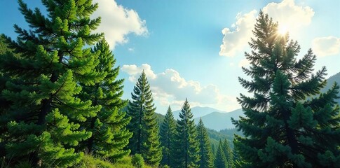 Lush green fir trees stand tall against a vibrant summer sky, sunlight dappling through the branches Perfect for nature, forest, and summer themes , needles, august, calm