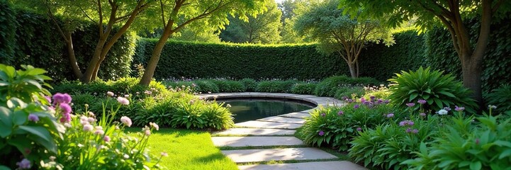Serene Backyard Oasis Stone Pathway, Lush Greenery, and Tranquil Water Feature Perfect for Relaxation and Outdoor Living