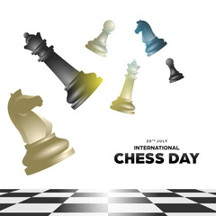 International chess day social media template background, square banner with realistic illustration of scattered chess pieces in chessboard