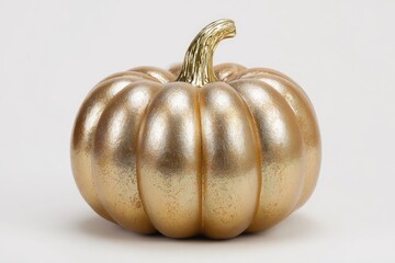 Studio shot of a single metallic gold-painted pumpkin on a clean white background, editorial product photography