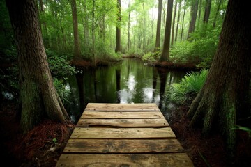 Obraz premium A wooden boardwalk in the middle of a swamp surrounded by trees