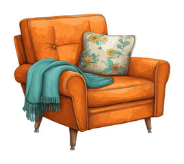 Cozy living room scene featuring orange chair and floral pillow