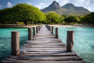 Obraz premium A wooden pier stretching out into the ocean with a mountain in the background