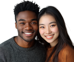 Joyful portrait of happy young couple smiling