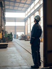 Fototapeta premium Engineer in blue jumpsuit and white safety helmet standing at entrance of large industrial facility, overseeing production environment and logistics