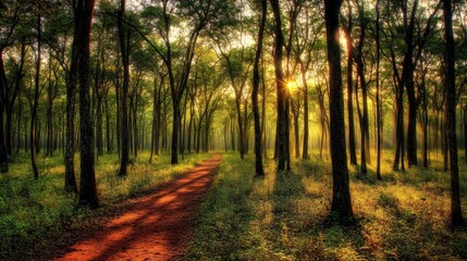 Obraz premium Serene Forest Pathway with Sunlight Filtering Through Trees