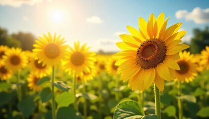 Vibrant sunflowers bask in the warm glow of sunshine, their golden petals reaching towards the sky A picturesque summer scene filled with bright colors and natural beauty , summer, macro, rural