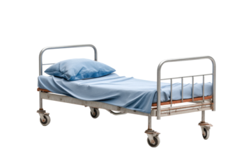 PNG Rustic metal hospital bed with blue sheets and pillow on wheels