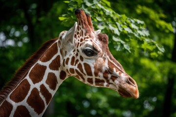  A close up of a giraffe's head with trees in the background
