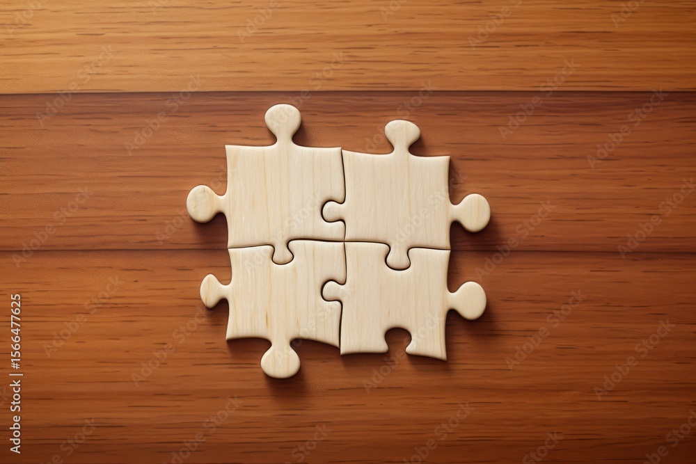 Aufkleber four wooden puzzle pieces creating unity on a wooden table represent teamwork and problem solving