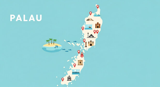 Palau Constitution Day Vector Map with Landmarks and Tourist Attractions