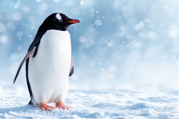 Naklejka premium A penguin standing in the snow on a sunny day