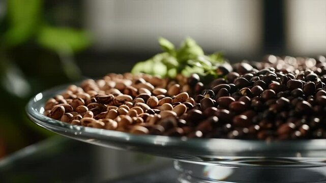 Assorted dried beans displayed on a glass pedestal