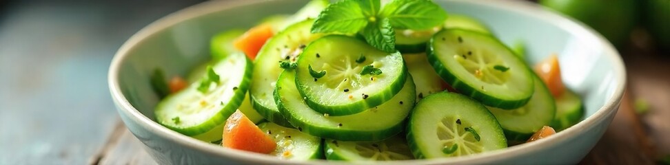 Refreshing chilled cucumber salad, thinly sliced cucumbers tossed in a vibrant vinaigrette, garnished with fresh herbs Perfect summer side dish , cucumber salad, fresh, diet
