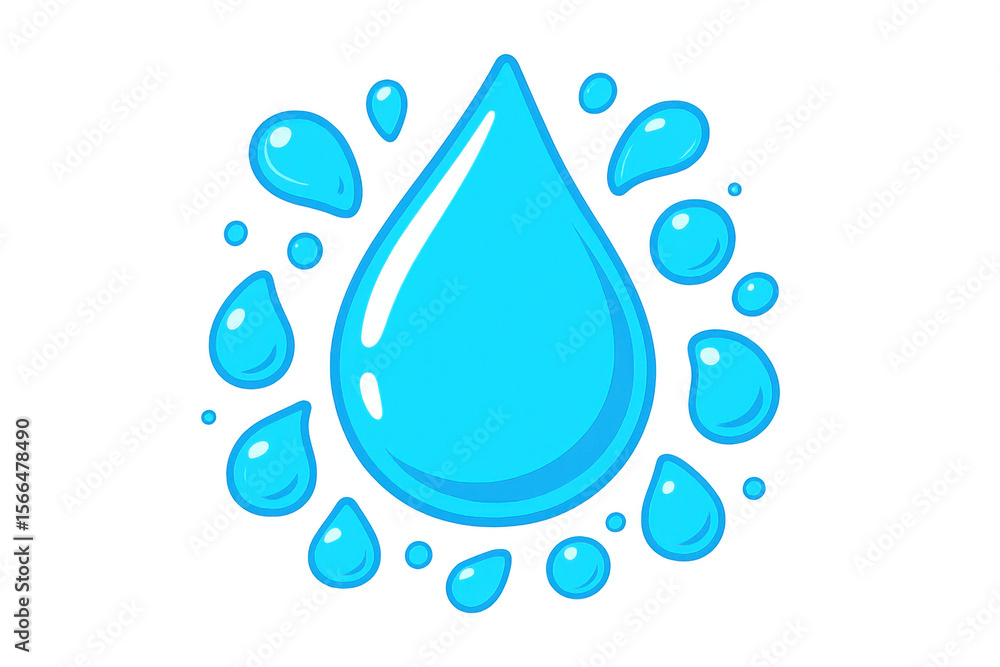 Poster water droplet cartoon rendering, multiple liquid beads clustering around primary drop against transp
