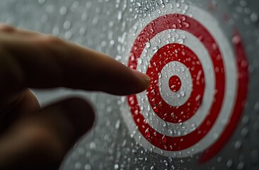 Close-up of a finger touching a red and white circular target, with focus on the center