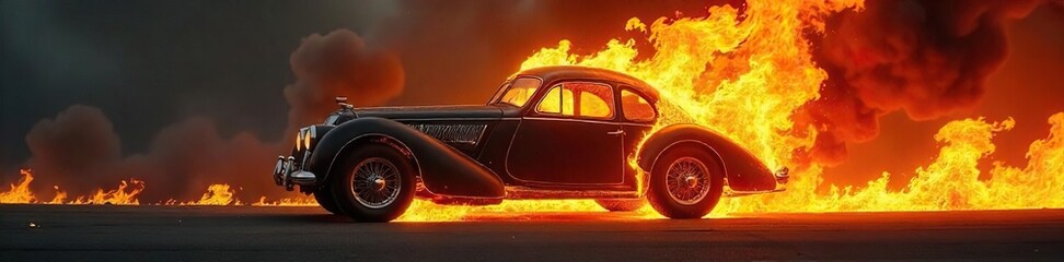 Vintage Car Inferno Dramatic Flames Engulf Classic Automobile in Nighttime Catastrophe ? Powerful Imagery for Disaster, Destruction, and Energy Concepts