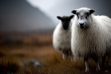 Obraz premium A couple of sheep standing on top of a grass covered field