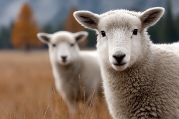 Obraz premium A couple of sheep standing next to each other in a field