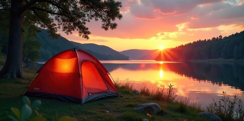 Serene lakeside camping scene at sunset Tent pitched near tranquil water, trees in background Perfect for travel, nature, and outdoor recreation themes , sky, spring