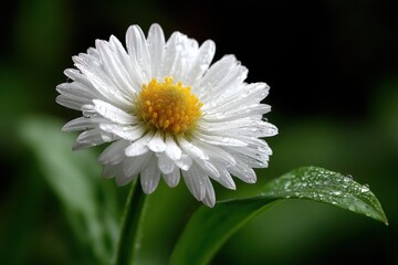 Obraz premium A single white flower with a yellow center on a green leaf