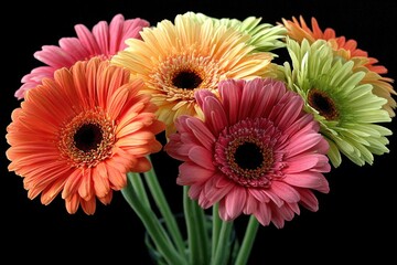 A bunch of colorful flowers in a vase on a black background