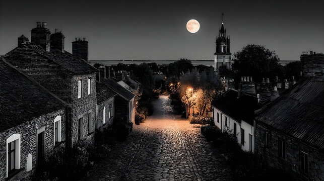 Fototapeta High quality black and white photo of village rooftops beneath a full moon.