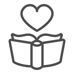 Heart shape and hardcover textbook line icon, book festival concept. Vector graphics. Novels and love stories for reading sign on white background, outline style icon for mobile or web design.