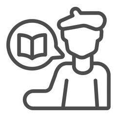 Writer man with book in popup bubble line icon, book festival concept. Vector graphics. Book author, artist tells story sign on white background, outline style icon for mobile or web design.