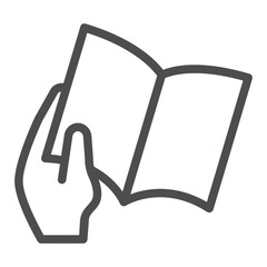 Magazine book in hand line icon, book festival concept. Vector graphics. Hand with journal textbook, promotion sign on white background, outline style icon for mobile or web design.