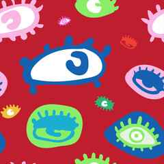 Seamless pattern of abstract colorful eyes with a playful and quirky pop-art style. Great for textile, fashion design, or funky visual backgrounds.