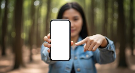 Woman Showing Blank Smartphone Screen in Forest Setting